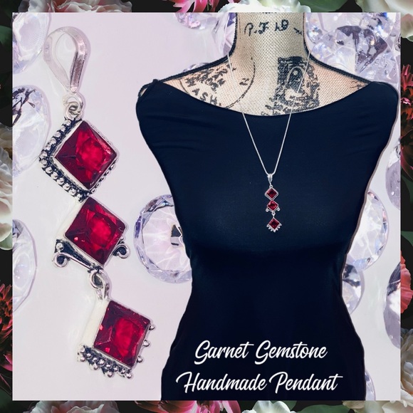 Elegant Garnet 3 Gemstone Drop Handmade Pendant - Picture 7 of 7